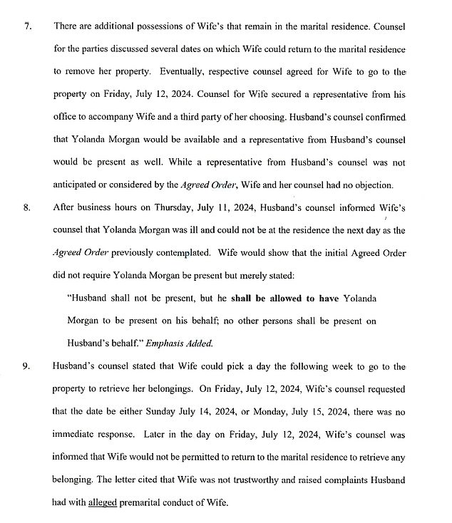 Earlier this month she filed a motion to retrieve property, claiming Billy Ray refused to let her return to their marital home to remove her belongings