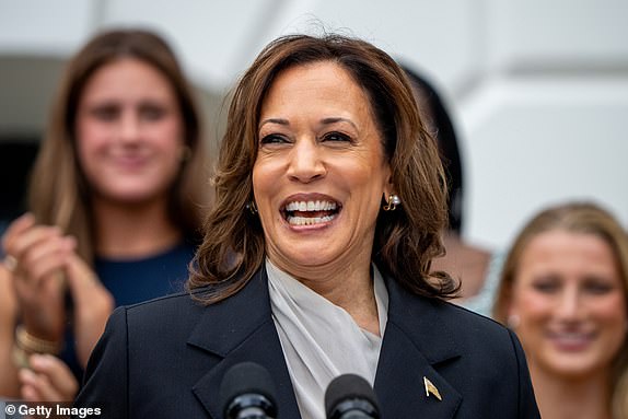 WASHINGTON, DC - JULY 22: U.S. Vice President Kamala Harris speaks during an NCAA championship teams celebration on the South Lawn of the White House on July 22, 2024 in Washington, DC. U.S. President Joe Biden abandoned his campaign for a second term after weeks of pressure from fellow Democrats to withdraw and just months ahead of the November election, throwing his support behind Harris. (Photo by Andrew Harnik/Getty Images) *** BESTPIX ***