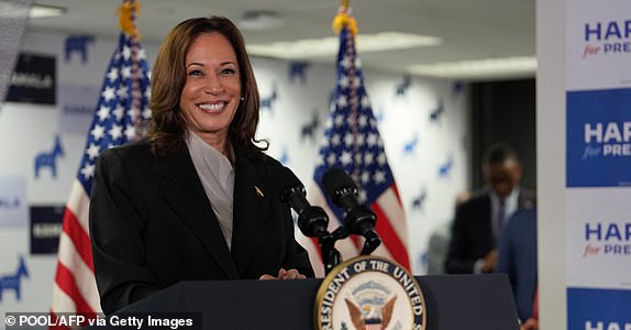 TOPSHOT - US Vice President and Democratic presidential candidate Kamala Harris speaks at her campaign headquarters in Wilmington, Delaware, on July 22, 2024. Harris on Monday compared her election rival Donald Trump to "predators" and "cheaters," as she attacked the first former US leader to be convicted of a crime. (Photo by Erin SCHAFF / POOL / AFP) (Photo by ERIN SCHAFF/POOL/AFP via Getty Images)