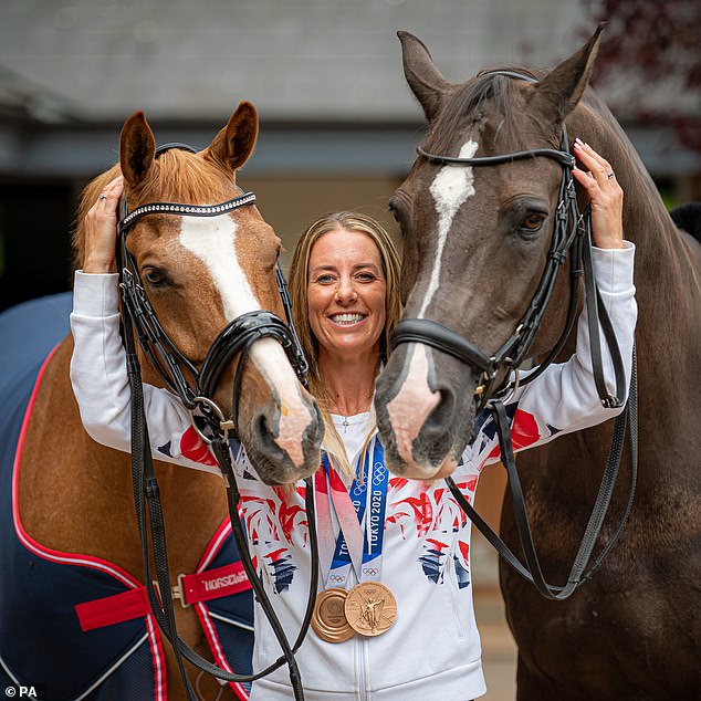 Charlotte Dujardin with her Tokyo 2020 Olympic winning horse Gio (left) and former Olympic gold medal winner Valegro (right) in 2021