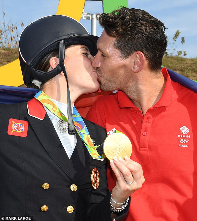 Dujardin with her fiancé Dean Wyatt-Golding after winning the gold medal at the Dressage in the 2016 Rio Olympics