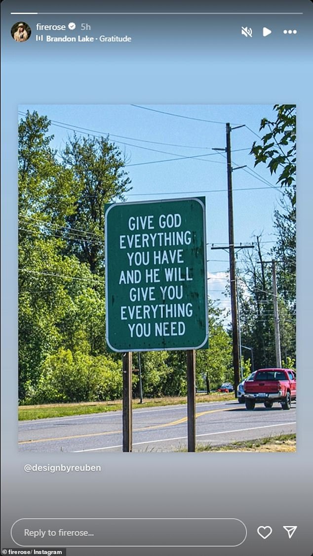 Taking to her Instagram, Firerose shared a photo of a sign that featured a cryptic quote about spiritual guidance