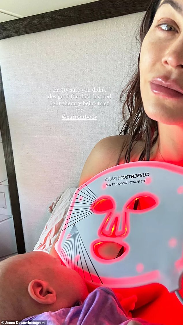 Dewan put a $380 CurrentBody 'LED Light Therapy Face Mask' on her swollen breast and remarked: 'Pretty sure you didn't design it for this, but red-light therapy being tried too!'