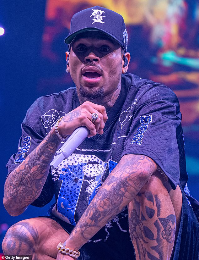 Chris Brown, shown performing earlier this month in Houston, was sued by a security guard who claimed he suffered neck and hip injuries while breaking up a brawl