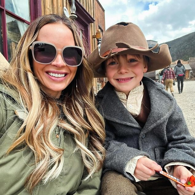 McMillan posed with her son Easton on the set of the motion picture