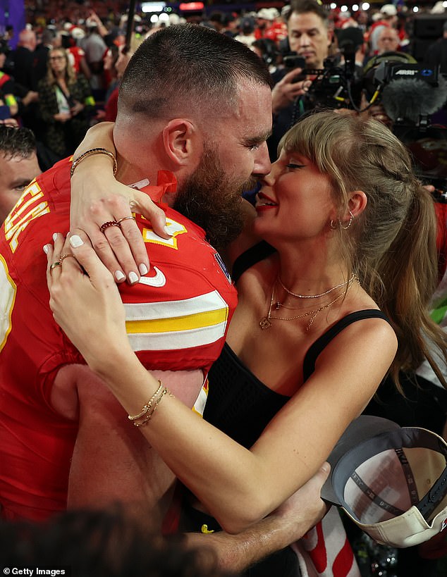 Taylor performed two surprise songs during the set, which comes after fans speculated she is secretly engaged to boyfriend Travis Kelce (pictured in February)