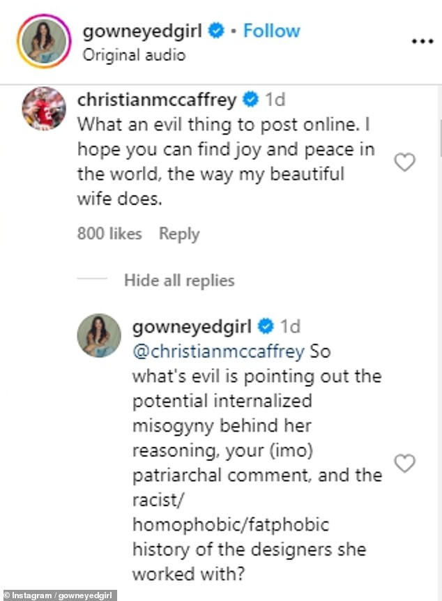 Earlier this month McCaffrey came to the defense of his wife after a style influencer labeled her Dolce & Gabbana wedding dress as 'nothing' and the 'absence of personality'