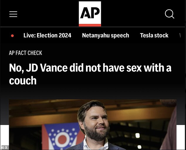 The wire agency sparked backlash after it published a piece on the Ohio senator Wednesday that was titled, 'No, JD Vance did not have sex with a couch'