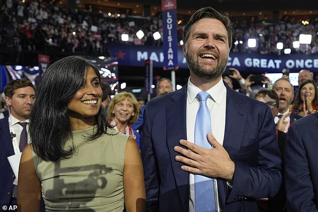 Vance, R-Ohio, and his wife Usha Chilukuri Vance arrive on the floor during the first day of the 2024 Republican National Convention