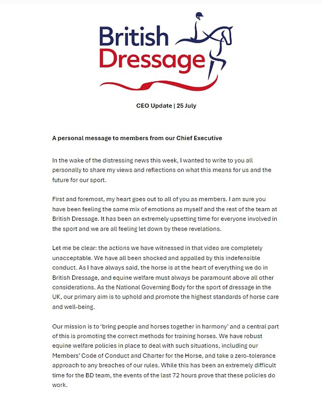 A statement released by the CEO of British Dressage, Jason Brautigam