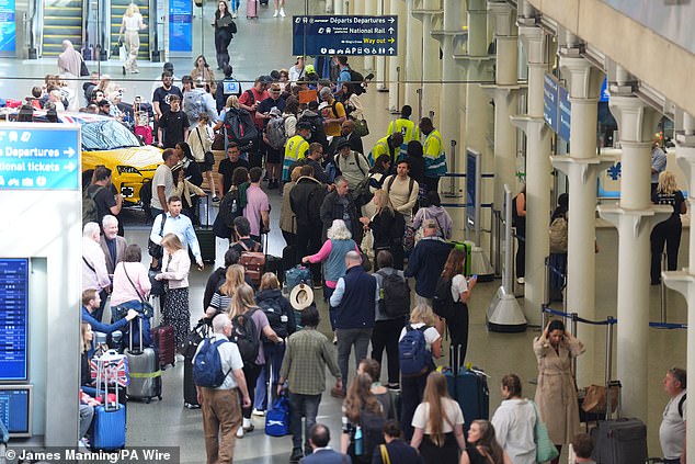 Passengers queue at the Eurostar terminal at St Pancras station in central London. French rail officials say several lines have been hit by "malicious acts" which have heavily disrupted services ahead of the Olympics