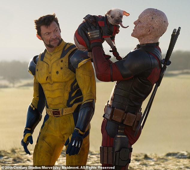 The marvel movie stars Ryan Reynolds (R) as Deadpool while Hugh Jackman (L) reprises the role of Wolverine