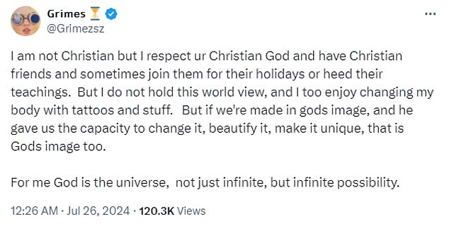 '[I]f we're made in God's image, and he gave us the capacity to change it, beautify it, make it unique, that is God's image too,' she said at one pointFor me God is the universe, not just infinite, but infinite possibility,' she concluded.