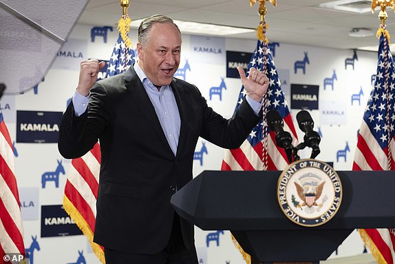 Second gentleman Doug Emhoff speaks at Vice President Kamala Harris' campaign headquarters in Wilmington, Del., Monday, July 22, 2024. (Erin Schaff/The New York Times via AP, Pool)