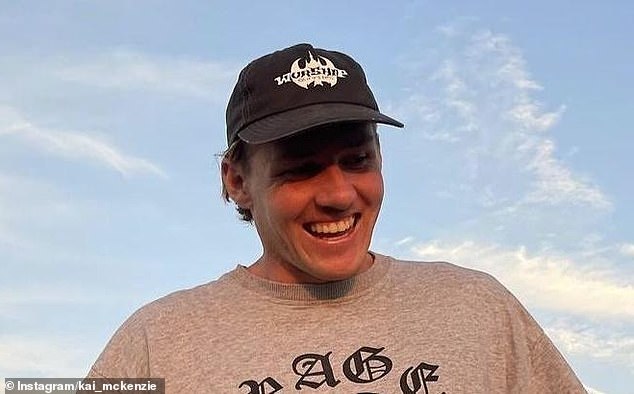 The video was shared online as the attack on Kai McKenzie, 23 (pictured) who suffered serious leg injuries at North Shore Beach in Port Macquarie, around 11am on Tuesday