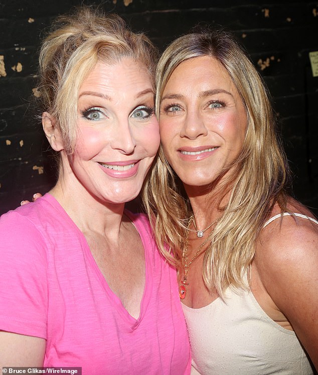 Jennifer Aniston looked to be in great spirits on Thursday backstage at the Oh Mary! show on Broadway in New York City. Seen with Bianca Leigh