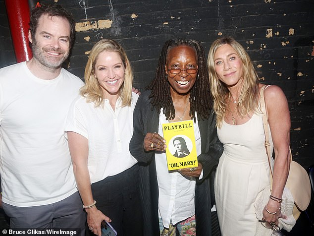 Whoopi held up the Playbill for Oh Mary! as she posed with cast members