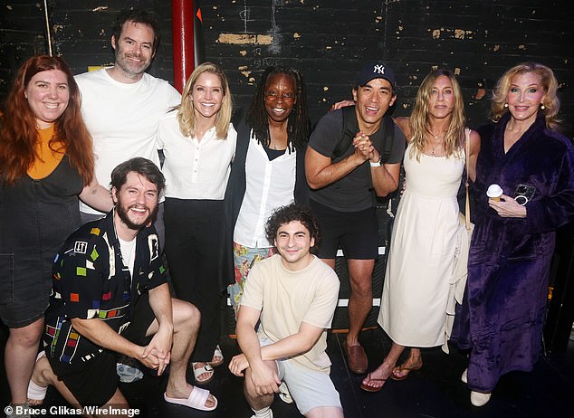 (L-R) Hannah Solow, Bill Hader, James Scully, Sara Haines, Whoopi Goldberg, Tony Macht, Conrad Ricamora, Aniston and Leigh