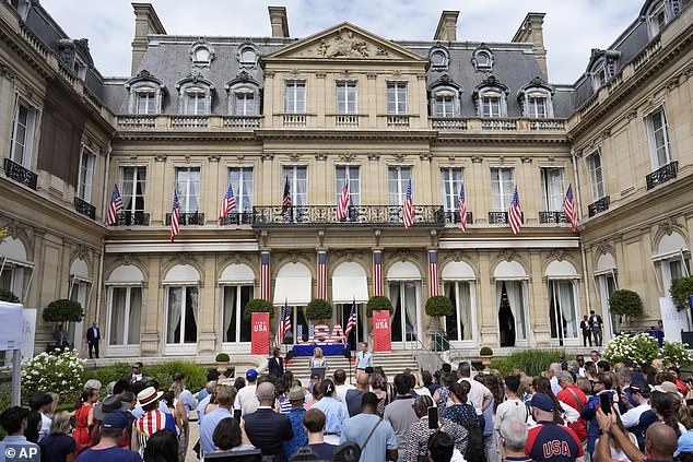 First lady Jill Biden speaks to family members of the U.S. Olympic team at the U.S. Ambassador's residence in Paris