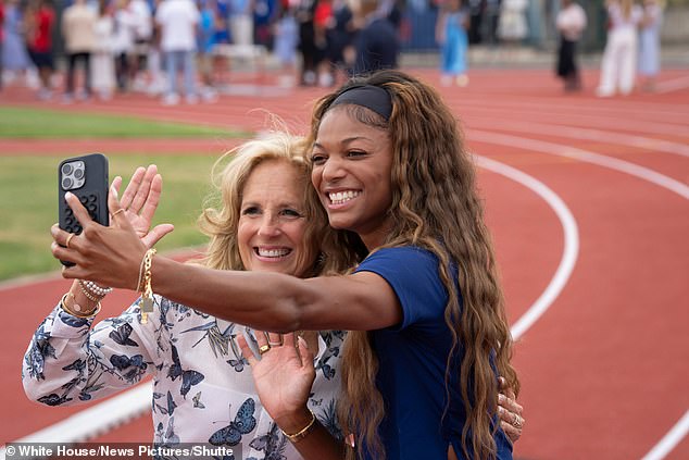 First Lady Jill Biden records a digital video with Team U.S.A. Track and Field athlete Gabby Thomas