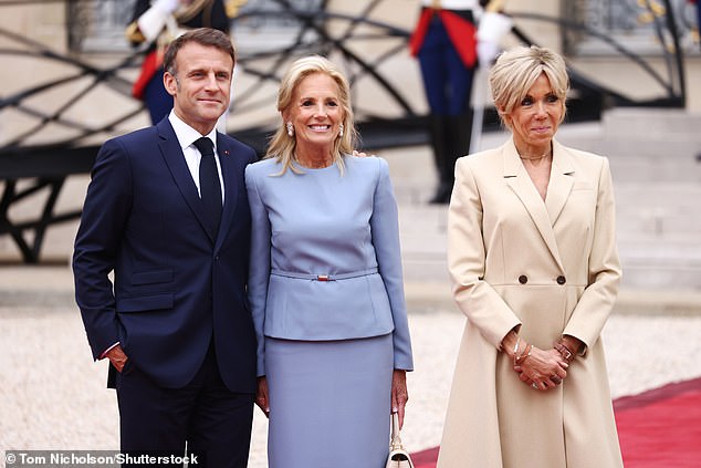 French President Emmanuel Macron, Jill Biden, and Brigitte Macron at the Elysee Palace for the Heads of State reception