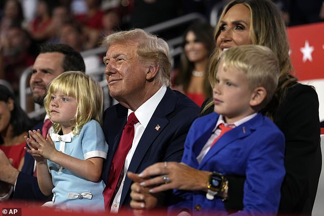 Donald Trump's youngest grandchild Carolina, 4, sat on his lap during her father Eric's speech at the Republican Convention on Thursday while her brother Luke, 6, sat on mom Lara's lap for the remarks