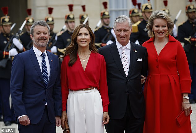 King Frederik X and Queen Mary of Denmark, and King Philippe and Queen Mathilde of Belgium arrive to attend a reception hosted by French President Macron and his wife at the Elysee Palace in Paris