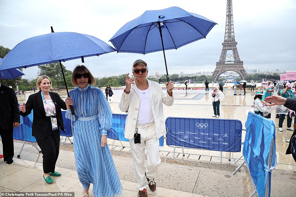 Anna and Baz shielded themselves from the rain with blue umbrellas