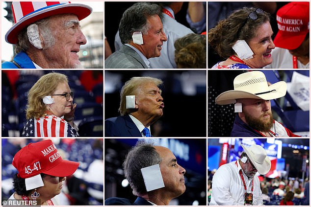 A combination image shows Republican presidential nominee and former U.S. President Donald Trump with a bandaged ear after he was injured in an assassination attempt, and supporters and attendees wearing bandages over their ears in tribute to Trump during the Republican National Convention