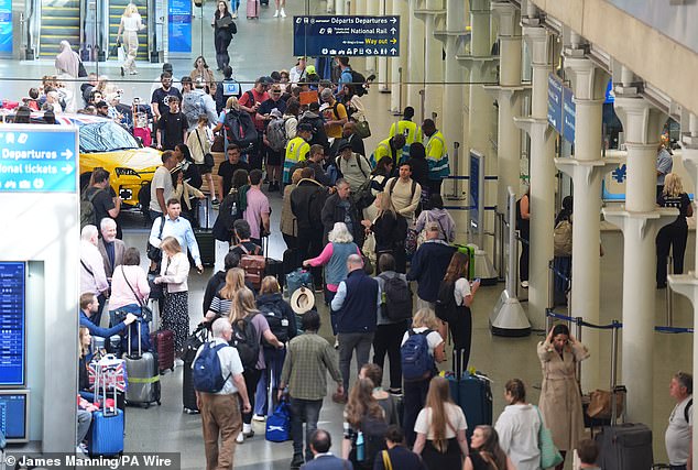 Passengers queue at the Eurostar terminal at St Pancras station in central London. French rail officials say several lines have been hit by "malicious acts" which have heavily disrupted services ahead of the Olympics