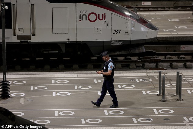 A French gendarme walks on a platform near an InOui high-speed TGV train at the Gare Montparnasse train station in Paris on July 26, 2024