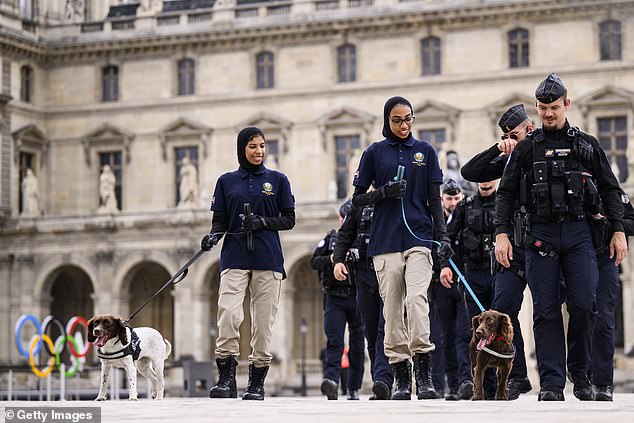 United Arab Emirates Police patrols outside at the Louvre ahead of the Opening Ceremony for the Olympic Games Paris 2024