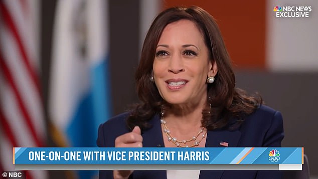 'I haven't been to Europe,' Harris clapped back with an awkward laugh. 'I don't understand the point that you're making.' (Above) Harris's interview with NBC News in June 2021