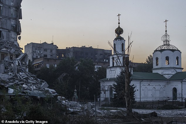 A collapsed building in the town of New York in Donetsk Oblast, Ukraine