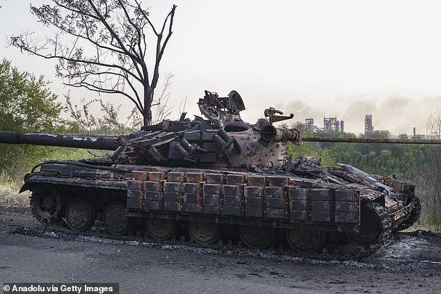 A tank on the roadside near the town of New York in Donetsk Oblast, Ukraine