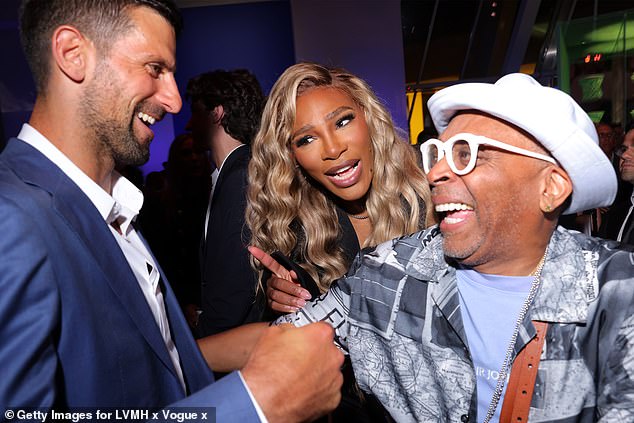 Star tennis player Novak Djokovic has a laugh with women's legend Serena Williams and American film director Spike Lee