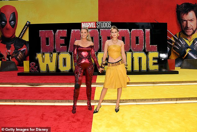 The actress, 36, wore a Deadpool inspired look for the premiere, while Gigi, 29, rocked a Wolverine inspired outfit