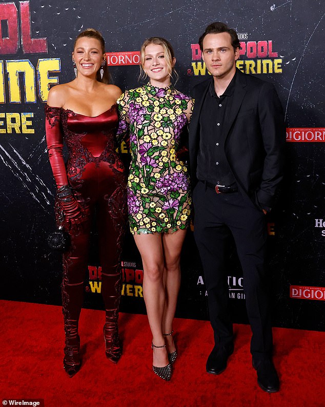 She also thanked her own co-stars for her own movie - It Ends With Us - who came to support her and Ryan; pictured with her It Ends With Us stars Isabela Ferrer and Alex Neustaedter