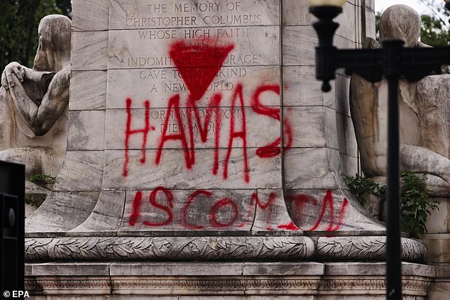 Some demonstrators wrote support for the terrorist group Hamas on public monuments