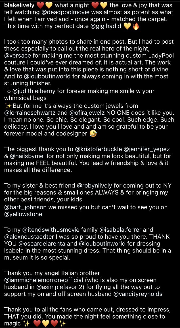 Blake's note on her Instagram page on Friday, thanking Gigi, her sister Robyn and more