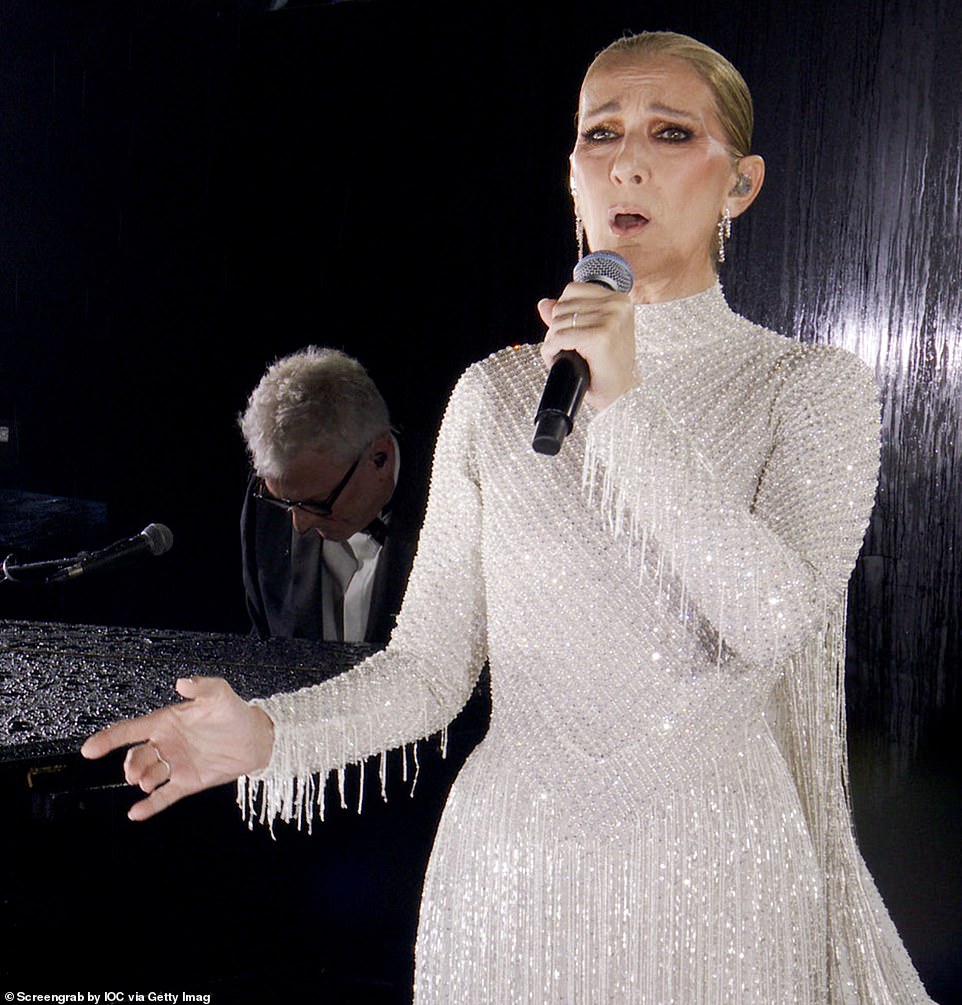 Meanwhile, Celine Dion, 56, exuded old Hollywood glamour as she graced the stage in a silver shimmering gown in the center of the Eiffel Tower to to perform La Vie En Rose