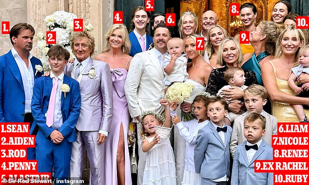 Rod's eight children are involved in the planning. Six are pictured and numbered here at the wedding of Liam, 30, as is Rod and Penny, Liam's wife Nicole, and his mother Rachel Hunter