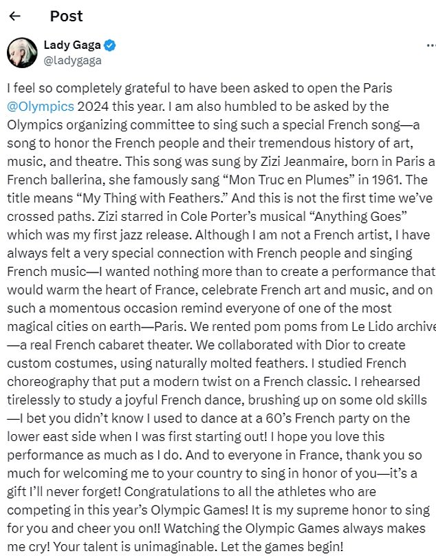 The House of Gucci star also used her social media post to reveal how she had studied French choreography for the performance and how much of it was inspired by the country's theatre scene