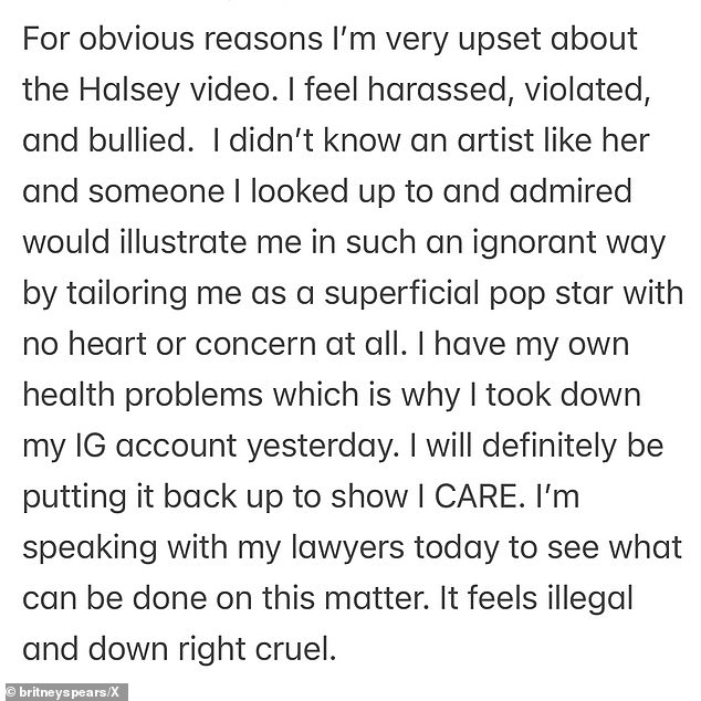 'For obvious reasons I'm very upset about the Halsey video,' Britney began. 'I feel harassed, violated, and bullied'