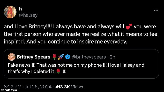 Halsey also quickly responded to the singer's second post and shared on X: 'and I love Britney!!!!'