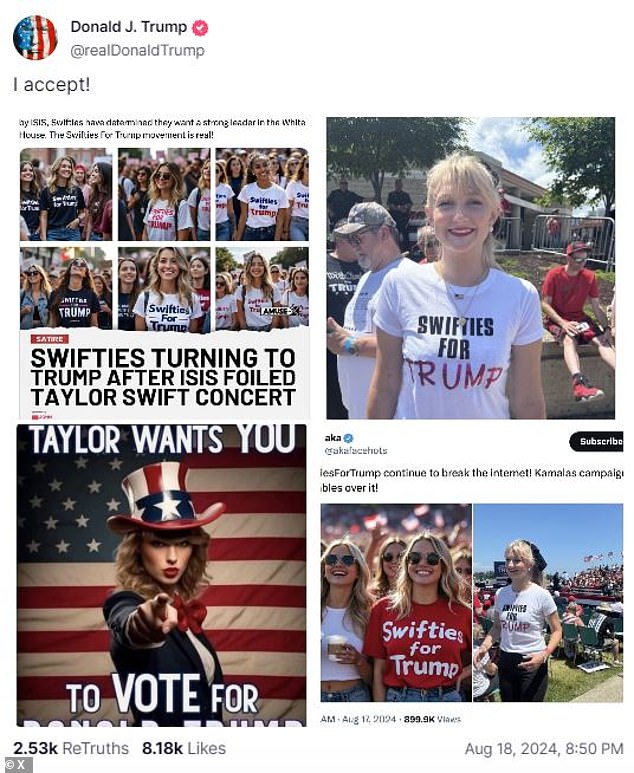 Trump last night shared posts with deepfaked images of women wearing shirts that read 'Swifties For Trump', as well as a poster of the singer dressed like Uncle Sam and urging her fans to vote for the GOP nominee