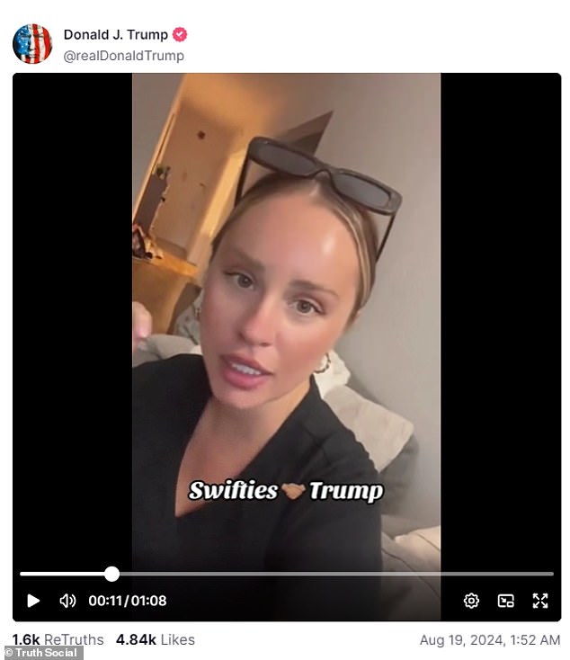 Trump did last night double down on the claim that he was gaining the support of Swifties, sharing a video of an apparent MAGA fan saying the 'Swifties were waking up' after a failed terror plot resulted in the cancellation of the Austrian leg of the Eras Tour. It is unclear if the video is authentic