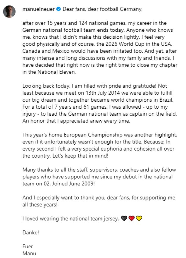 Neuer thanked fans for supporting him over the years in a statement on his Instagram account