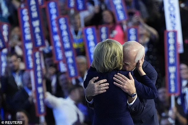 Walz embracing his wife Gwen on stage after accepting the VP nomination. She spoke in a video introducing her husband earlier in the evening