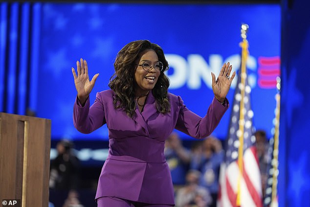 Oprah Winfrey taking the stage to endorse Kamala Harris and Tim Walz with a speech on Night 3 of the Democratic National Convention